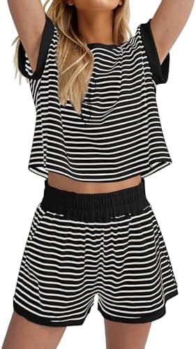 MISSACTIVER 2 Piece Lounge Set Women Stripe Knit Short Sleeve Tee Shirts Shorts Casual Summer Loungewear Shorts Sets - Image 2