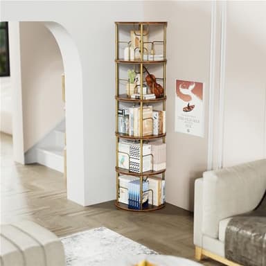 ALLSTAND 5 Tier Rotating Bookshelf, 360 ° Display Stackable Spinning Bookshelf Tower, Narrow Space Saving Tall Floor Standing Swivel Bookcase Corner Storage Organizer for Bedroom, Living Room, Gold - Image 6