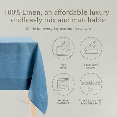 over&back 100%-Linen Woven Tablecloth - Colorful Dining Room Table Cover - Mitered Corner Hems - Machine Washable - Kitchen and Home Decor - Blue - 70x90 - Image 2