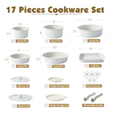 SENSARTE 17 Piece Pots and Pans Set, Nonstick Detachable Handle Cookware Set, Induction Kitchen Cookware Set with Removable Handle, Healthy Non Stick for RV, Dishwasher ＆ Oven Safe, PFOA Free (White) - Image 2