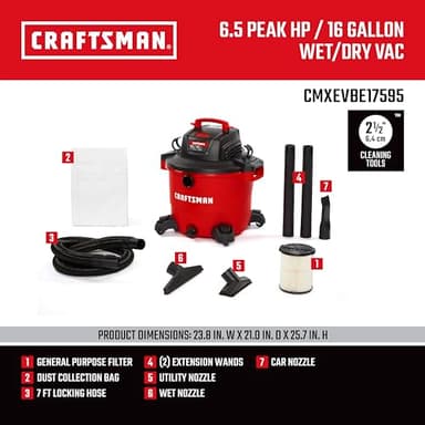 Craftsman CMXEVBE17595 16 Gallon 6.5 Peak HP Wet/Dry Vac, Heavy-Duty Shop Vacuum with Attachments - Image 3