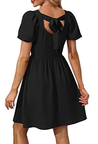 OFEEFAN Plus Size Dresses for Women Black Summer Chiffon Puff Sleeve Square Neck Dress with Tie Bow XXL - Image 5