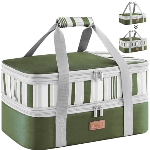Lifewit Expandable Insulated Casserole Carrier for Hot or Cold Food, Double Decker Food Bag Lasagna Holder Carry Tote for Potluck Parties/Picnic/Cookouts, Fits 9"x13" Baking Dish, Dark green - Image 1
