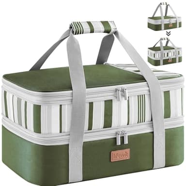Lifewit Expandable Insulated Casserole Carrier for Hot or Cold Food, Double Decker Food Bag Lasagna Holder Carry Tote for Potluck Parties/Picnic/Cookouts, Fits 9"x13" Baking Dish, Dark green - Image 1
