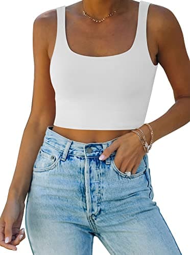 REORIA Women's Summer Sexy Basic Sleeveless Square Neck Fitted Seamless Yoga Cropped Tank Cute Crop Tops White X-Large - Image 1