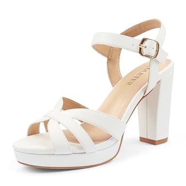 COLETER Women's Platform Chunky Heels Ankle Strap Block Heeled Sandals Party Wedding Shoes Matte White 7.5US - Image 1