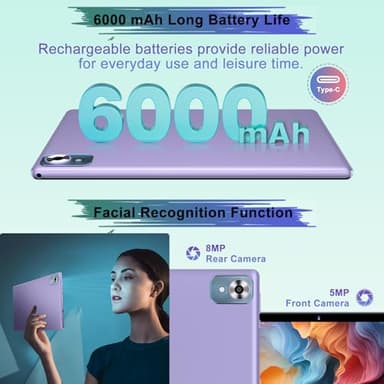 2025 Android 14 Tablet with Keyboard 20GB+128GB+1TB Expand, 10.1 Inch Octa-Core 2-in-1 Tablets with HD IPS Display, 5G WiFi 6, 6000mAh Battery, BT5.0, Split Screen, Widevine L1, Mouse, Case -Purple - Image 6