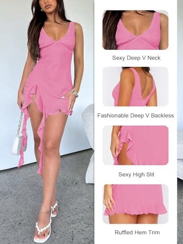 MIYIEONZ Women Sleeveless Sexy V Neck Bodycon Mini Dress Summer Side Slit Mesh Irregular Ruffle Hem Backless Short Dress Pink - Image 3