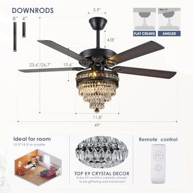 Crystal Ceiling Fan Fandelier with Lights - Modern Outdoor Fans with Remote Control，Noiseless AC Motor, Retro/Farmhouse Lighting, Dining Room， Living Room (52" - Image 5