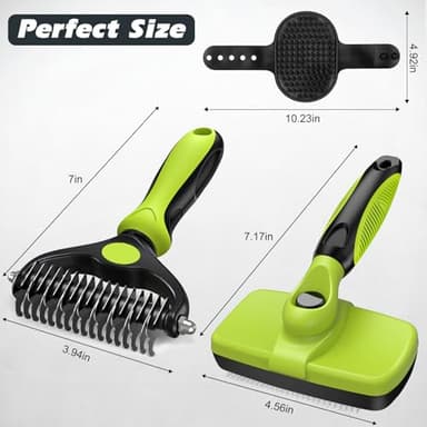 3PCS Self Cleaning Slicker Brush & Pet Grooming Rake & Bath Brush for Dogs,Cats and Horses | Double-Sided Dematting Comb & Skin Friendly Deshedding Grooming Tool | Premium Pet Supplies(Green Black) - Image 7