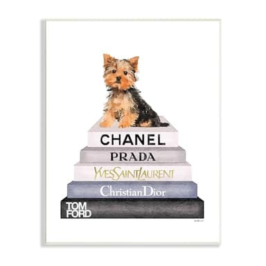 Stupell Industries Book Stack Yorkie Dog Glam Fashion Watercolor Wall Plaque, 10x15, Multi-Color - Image 1