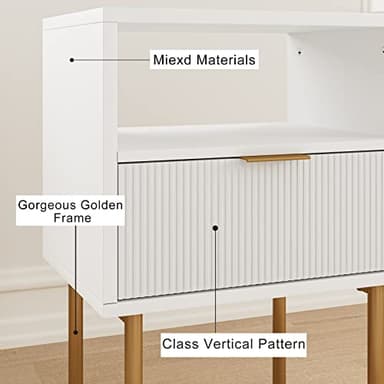 Masupu Nightstand,Mid-Century Modern Bedside Table with Storage Drawer and Open Wood Shelf,Small Gold Frame Side Table for Bedroom,Living Room,White - Image 9
