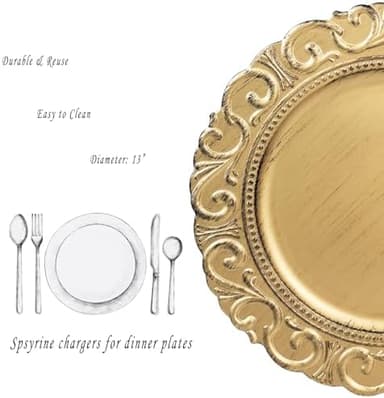 Spsyrine Gold Charger Plates, Set of 6 Chargers for Dinner Plates, 13 Inch Table Chargers for Bulk Wedding, Party Decoration - Image 3