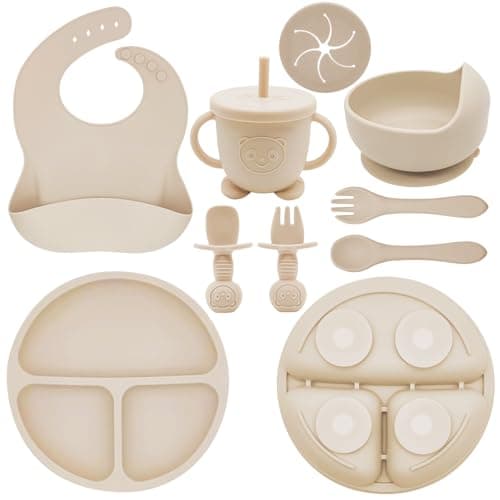 Munlinder Silicone Baby Feeding Set | Baby Led Weaning Supplies Includes Suction Bowls and Divided Plates, Adjustable Bib, Baby Utensils Spoons and Forks,Cup | Baby Feeding Essentials (Beige) - Image 1