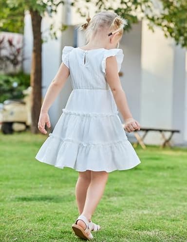 Arshiner Toddler Girls White Dress Ruffle Sleeveless Tiered Swing Twirly Dresses Cute Summer Beach Sundress Size 5-6 - Image 3