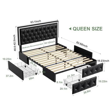 Keyluv Queen Upholstered LED Bed Frame with 4 Drawers, Pu Leather Platform Storage Bed with Adjustable Button Tufted Headboard and Solid Wooden Slats Support, No Box Spring Needed, Black - Image 2