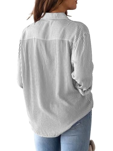CUNLIN Grey Long Sleeve Striped Blouse Gray Blouses for Women Womens Button Down Shirt Shirts Tops Collared Up Boyfriend Grey Size L - Image 2