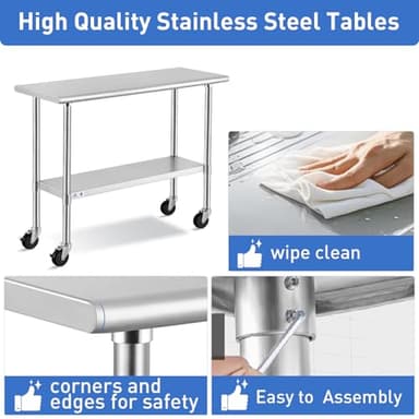 ROCKPOINT Stainless Steel Table for Prep & Work with Caster Wheels 30x48 Inches, NSF Metal Commercial Kitchen Heavy Duty Table with Adjustable Under Shelf and Table Foot for Restaurant, Home and Hotel - Image 5