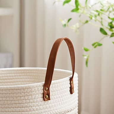 VIPOSCO Tall Laundry Basket, Large Dirty Clothes Hamper with Leather Handle, Woven Rope Storage Basket for Blanket, Toy In Living Room, Bathroom, Bedroom - 72L Brown & White - Image 3