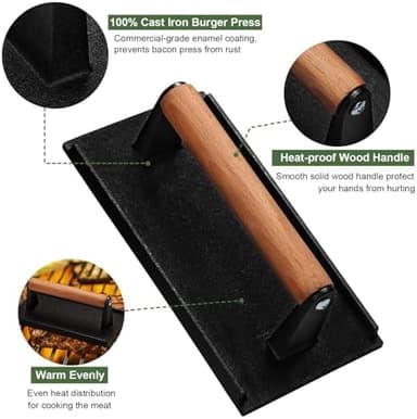 Burger Press, 7" Round & 8.2"X4.3" Rectangle Heavy-Duty Cast Iron Smash Bacon Press Meat Steak With Wood Handle for Griddle, Sandwich, Nonstick Pan - Image 4