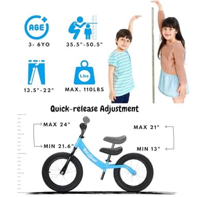 14 Inch Balance Bike for Kids 3-6 Year Old, Bike with No Pedals, Air Rubber Tires, Adjustable Height, Foot Rest, Pedalless Bicycle Boys, Girls (Blue) - Image 2