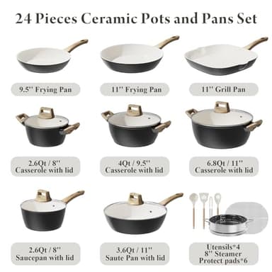 Bazova 24 Pcs Pots and Pans Set Non Stick Ceramic Cookware Set with 3 Stockpots, White Interior Black Exterior, Healthy Non-Toxic, Large Capacity, Induction Compatible, PFAS/PTFE/PFOA Free - Image 2