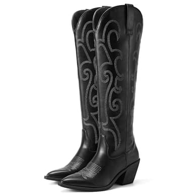 Rollda Cowboy Boots for Women Cowgirl Boots Embroidered Knee-High Western Boots Pointy Toe with Chunky Heel Black W/Zipper Size 9.5 - Image 1