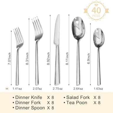 KINGSTONE Silverware Set, 40-Piece Forged Flatware Set Cutlery Set Premium Stainless Steel, Service for 8, for Kitchen, Home, Wedding, Party, Mirror Polished and Dishwasher Safe - Image 2