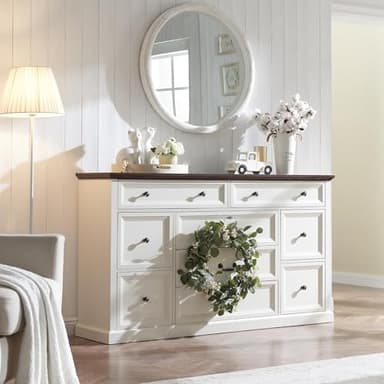 IFGET Farmhouse 9 Drawers Dresser for Bedroom, 60" Wide Wood Rustic Chest of Drawers, Large Storage Dressers Organizer for Bedroom, Living Room, Hallway, Dining Room-White - Image 3