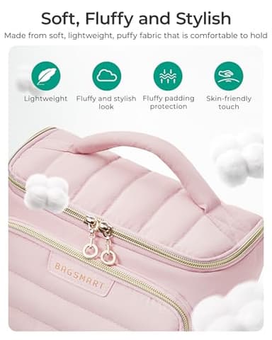 BAGSMART Travel Makeup Bag with Jewelry Organizer, Portable Make Up Bag, Puffy Wide-Opening Cosmetic Storage Pouch for Women’s Toiletries and Travel Essentials (Brown) - Image 4