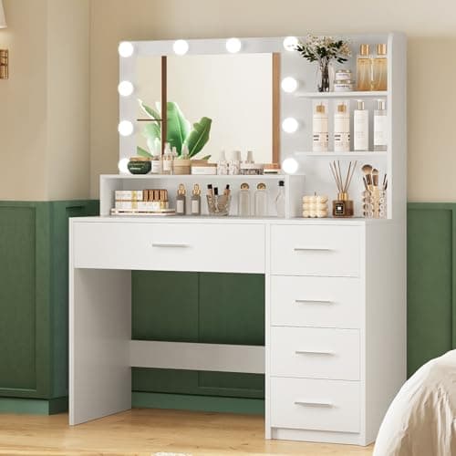 Quimoo Makeup Vanity Desk with Mirror & Lights, Vanity Desk with 5 Drawers & Storage Shelves, Vanity Table, 3 Color Modes & Adjustable Brightness Dressing Table, Bedroom, White - Image 1