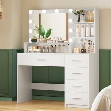 Quimoo Makeup Vanity Desk with Mirror & Lights, Vanity Desk with 5 Drawers & Storage Shelves, Vanity Table, 3 Color Modes & Adjustable Brightness Dressing Table, Bedroom, White - Image 1