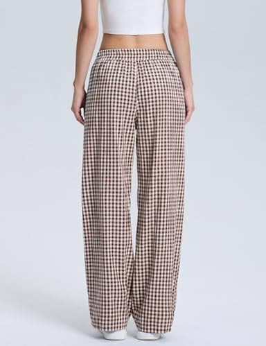 LOMON Women's Gingham Plaid Wide Leg Pants Cotton Boxers Pajama Lounge Pj Casual Trousers Y2K Flowy Bottoms with Pockets (Coffee White Plaid, L) - Image 3