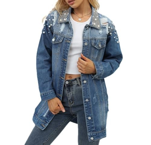 YPCT Women's Pearl Beaded Long Plus Size Distressed Ripped Denim Button Down Trench Coat and Diamonds Bling Oversize Boyfriend Casual Jean Jacket with Pockets X-Large 9329 Blue XL - Image 1