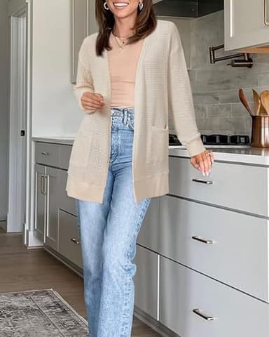 STYLEWORD Women's Fall Fashion 2025 Cardigan Sweaters Lightweight Open Front Business Waffle Knit Casual Long Beige Cream Cardigans Outfits Clothes with Pockets (Apricot-L) - Image 4