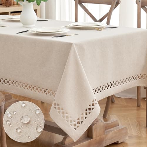 MIULEE Natural Thick Polyester Rectangle Tablecloth with Decorative Cutouts Waterproof Stain Resistant Table Cloth Farmhouse Table Cover for Thanksgiving Dining Party Camping, 52 x 70 inch - Image 1