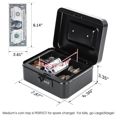 KYODOLED Cash Box with Combination Lock Safe Metal Money Box with Money Tray for Security Lock Box 7.87"x 6.30"x 3.35" Black - Image 3