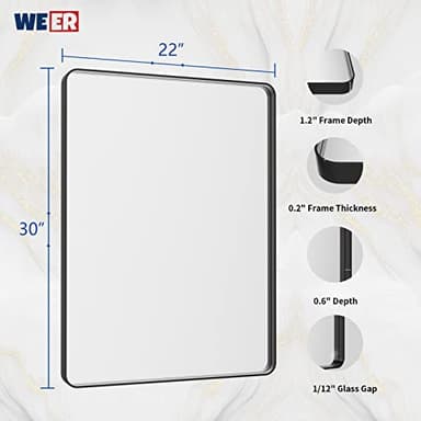 WEER Black Bathroom Mirror 22X30 Inch, Rounded Rectangle Matte Black Bathroom Vanity Mirror, Black Metal Framed Mirror for Wall, Tempered Glass, Anti-Rust, Hangs Horizontal or Vertical - Image 6