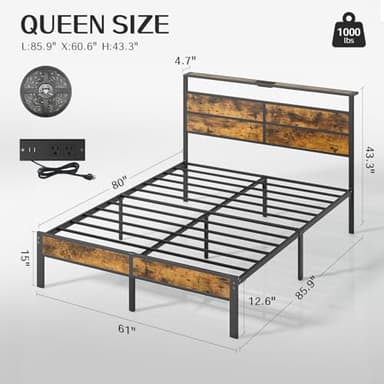 Liians Full Metal Bed Frame with USB Charging Station, Headboard Storage, LED Lights, Noise-Free Design, No Box Spring Needed - Image 2