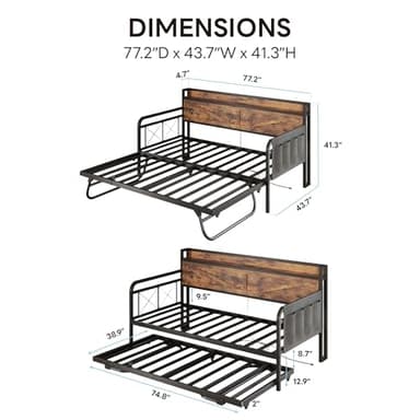LIKIMIO Twin Daybed with Trundle Bed, Storage Headboard with Charging Station, Sofa Day Bed with Strong Supports for Living Room, Bedroom, and Guest Room, Industrial Brown - Image 3