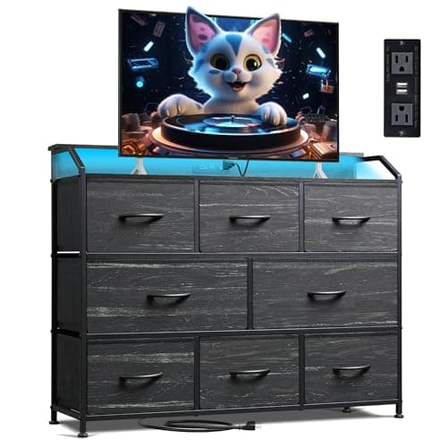 WLIVE Led Dresser for Bedroom, TV Stand for Bedroom with LED Lights and Power Outlet, Wide Chest of Drawers for Hallway, 8 Fabric Drawers for Living Room and Entryway, Charcoal Black Wood Grain Print - Image 1