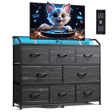 WLIVE Led Dresser for Bedroom, TV Stand for Bedroom with LED Lights and Power Outlet, Wide Chest of Drawers for Hallway, 8 Fabric Drawers for Living Room and Entryway, Charcoal Black Wood Grain Print - Image 1