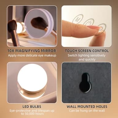 Hansong Vanity Mirror with Lights, 22''x18'' Hollywood Mirror, Makeup Mirror with 15 Dimmable Bulbs, 10X Magnification and USB Charging Port, White - Image 6