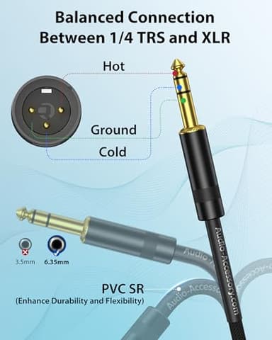 AA AUDIO ACCESSORY XLR Male to 1/4 Cable with XLR Female to Female Adapter Bundle, Rean Connectors from Neutrik, Kevlar-Reinforced Nylon Braided TRS Cable, Balanced Quarter Inch Cord, 6ft, OFC - Image 8