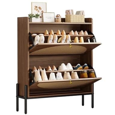 IRONCK Shoe Cabinet Storage with 2 Flip Drawers, Free Standing Wooden Shoe Storage Organizer Cabinet with Rattan Doors for Entryway, Narrow Shoe Rack Cabinet, Walnut - Image 1