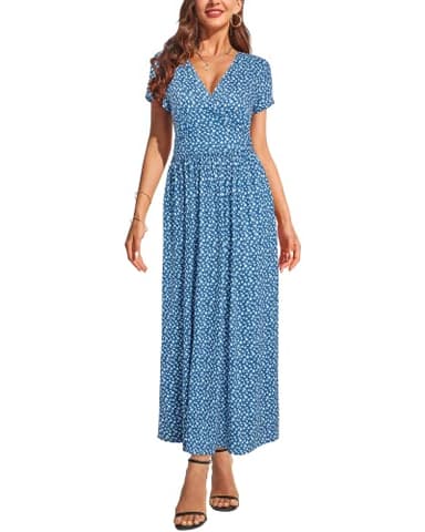 OUGES Women's V-Neck Pattern Pocket Maxi Long Matenity Dress for Baby Shower(Floral-51,L) - Image 3