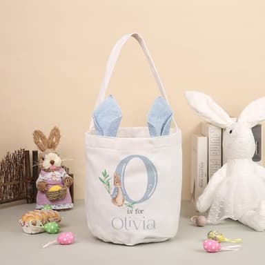 Gift Basket for Gifts Empty Personalized for Kids Girls Boys with Name, Small Basket Cute Bunny Tote Bags for Toy Organizing, Cotton Fabric Baskets with Handles, Blue - Image 2