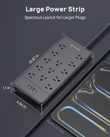 TROND Surge Protector Power Strip, 4000 Joules, ETL Listed, 13 Widely-Spaced Outlets Expansion with USB C Ports, Low-Profile Flat Plug, Wall Mountable, 5ft Extension Cord, 14AWG Heavy Duty, Black - Image 7