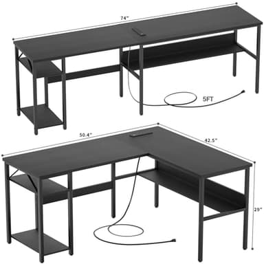 Hyomdeck Reversible L Shaped Computer Desk with Power Outlets and USB Charging Ports, Sturdy Corner Desk with Storage Shelf, Modern Work Gaming Table for Home Office, Easy to Assemble, Black - Image 3
