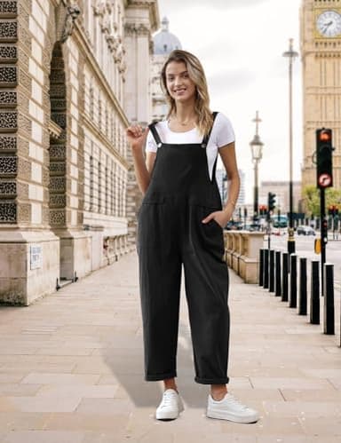 YESNO Women Long Casual Loose Bib Pants Overalls Baggy Rompers Jumpsuits with Pockets (L PV9 Black) - Image 2